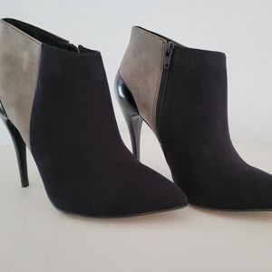 Heeled booties, suede grey and black combo, size 8